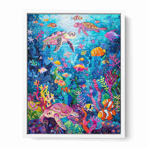 Colorful sea turtle and coral reef canvas art for kids room, bathroom, or beach house decor.