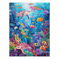 Colorful sea turtle and coral reef canvas art for kids room, bathroom, or beach house decor.