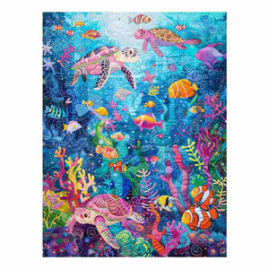 Colorful sea turtle and coral reef canvas art for kids room, bathroom, or beach house decor.
