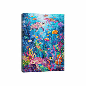 Colorful sea turtle and coral reef canvas art for kids room, bathroom, or beach house decor.