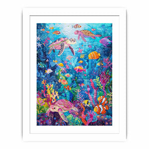Colorful sea turtle and coral reef canvas art for kids room, bathroom, or beach house decor.