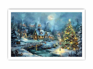 Snowy Christmas village canvas art with moon, cottages, and festive tree for cozy home decor.