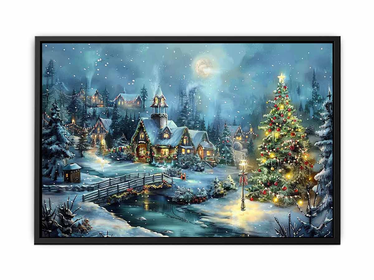 Snowy Christmas village canvas art with moon, cottages, and festive tree for cozy home decor.