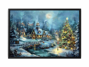 Snowy Christmas village canvas art with moon, cottages, and festive tree for cozy home decor.
