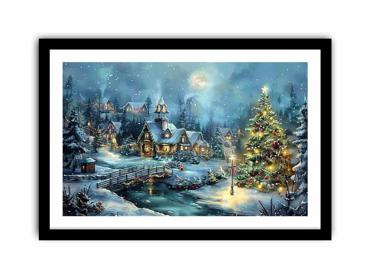 Snowy Christmas village canvas art with moon, cottages, and festive tree for cozy home decor.