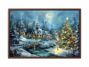 Snowy Christmas village canvas art with moon, cottages, and festive tree for cozy home decor.