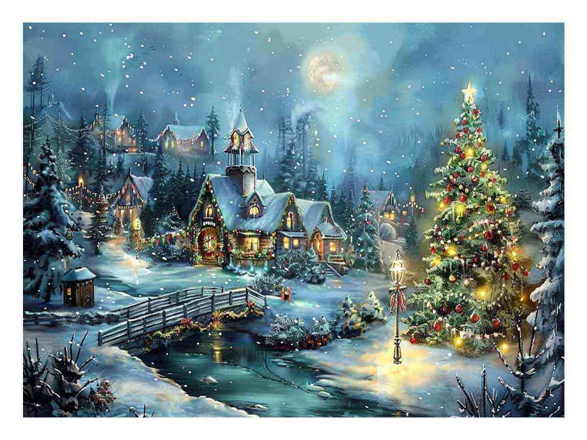 Snowy Christmas village canvas art with moon, cottages, and festive tree for cozy home decor.