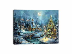 Snowy Christmas village canvas art with moon, cottages, and festive tree for cozy home decor.