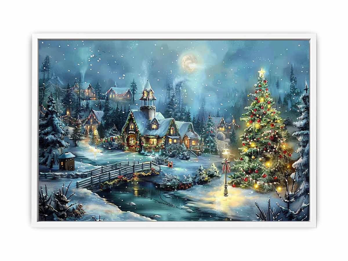 Snowy Christmas village canvas art with moon, cottages, and festive tree for cozy home decor.