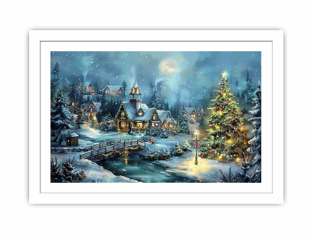 Snowy Christmas village canvas art with moon, cottages, and festive tree for cozy home decor.