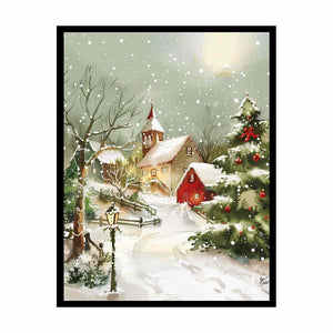 Watercolor snowy church canvas art with red barn and Christmas tree for peaceful holiday decor.