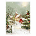 Watercolor snowy church canvas art with red barn and Christmas tree for peaceful holiday decor.