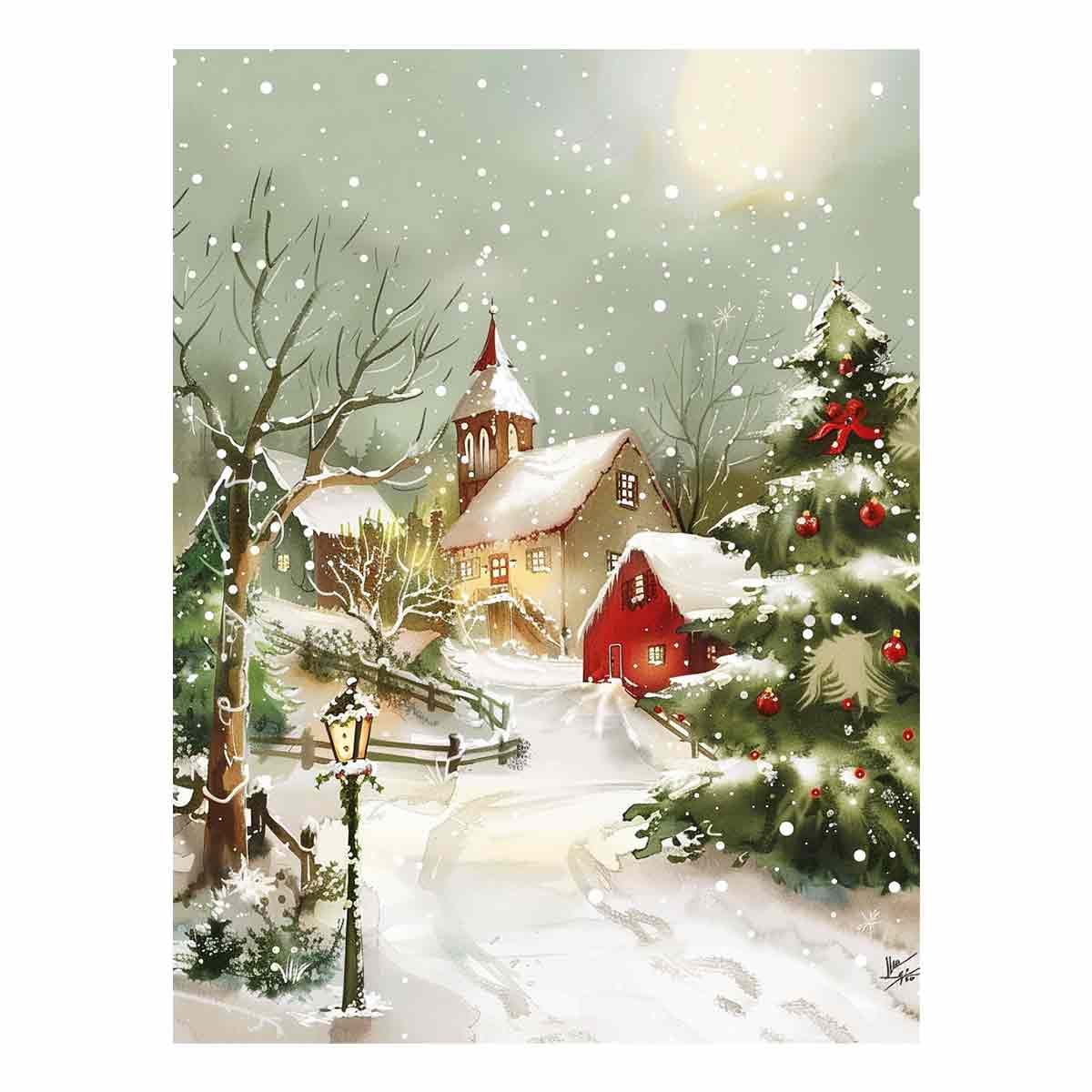 Watercolor snowy church canvas art with red barn and Christmas tree for peaceful holiday decor.