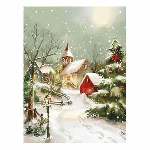 Watercolor snowy church canvas art with red barn and Christmas tree for peaceful holiday decor.