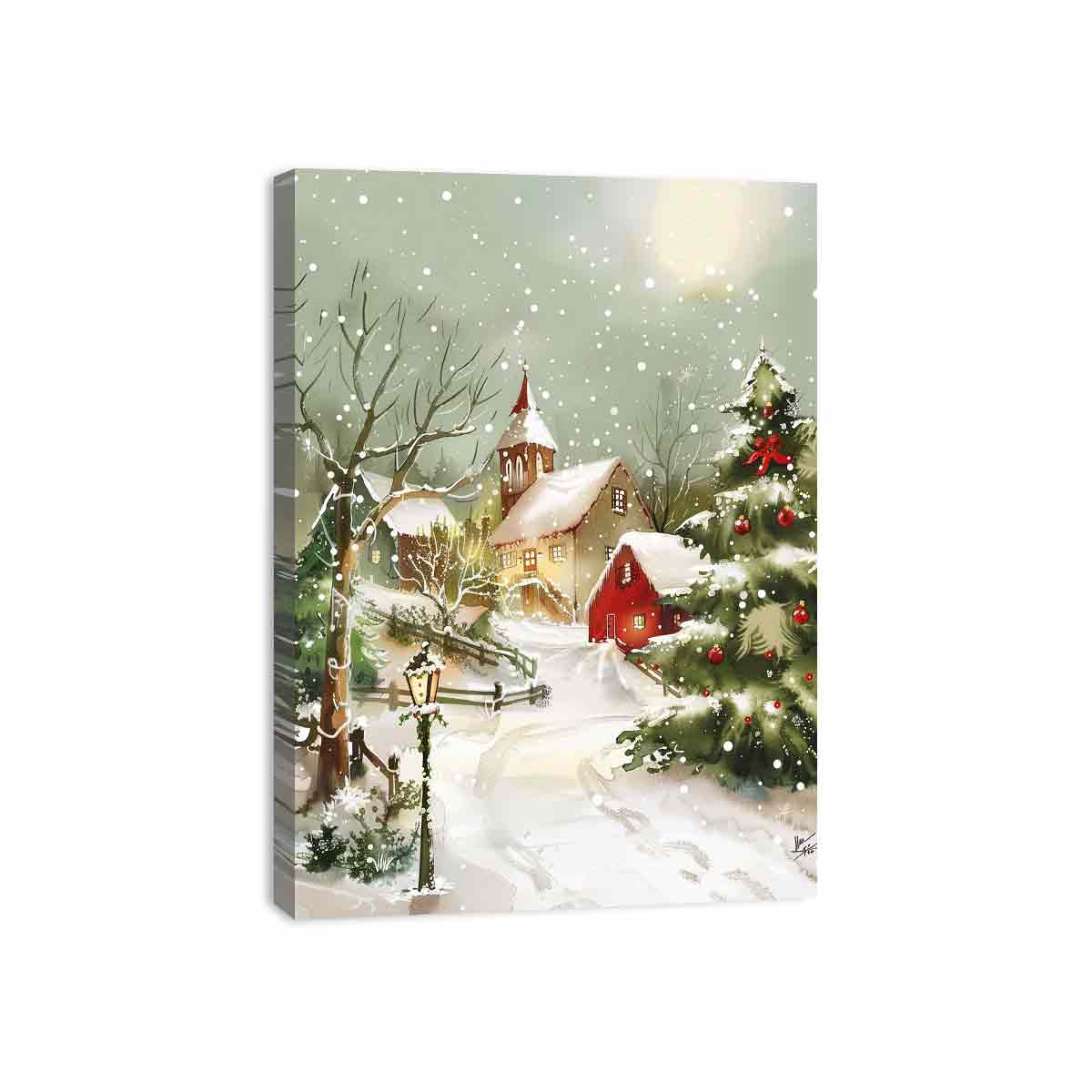 Watercolor snowy church canvas art with red barn and Christmas tree for peaceful holiday decor.