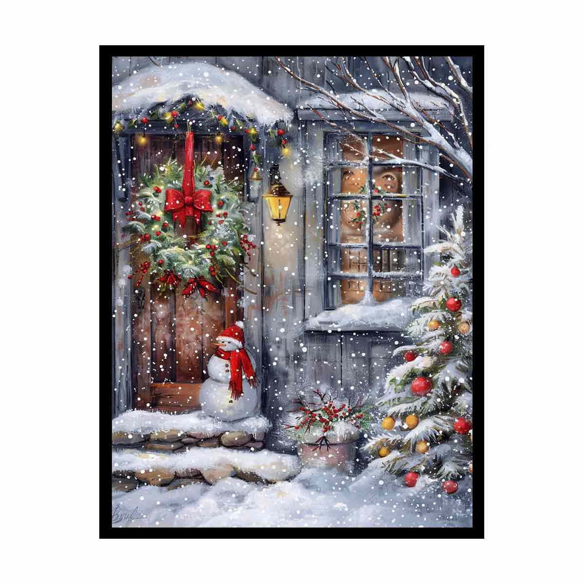 Snowy Christmas cottage doorway canvas art with wreath, snowman, and festive tree for cozy entry decor.