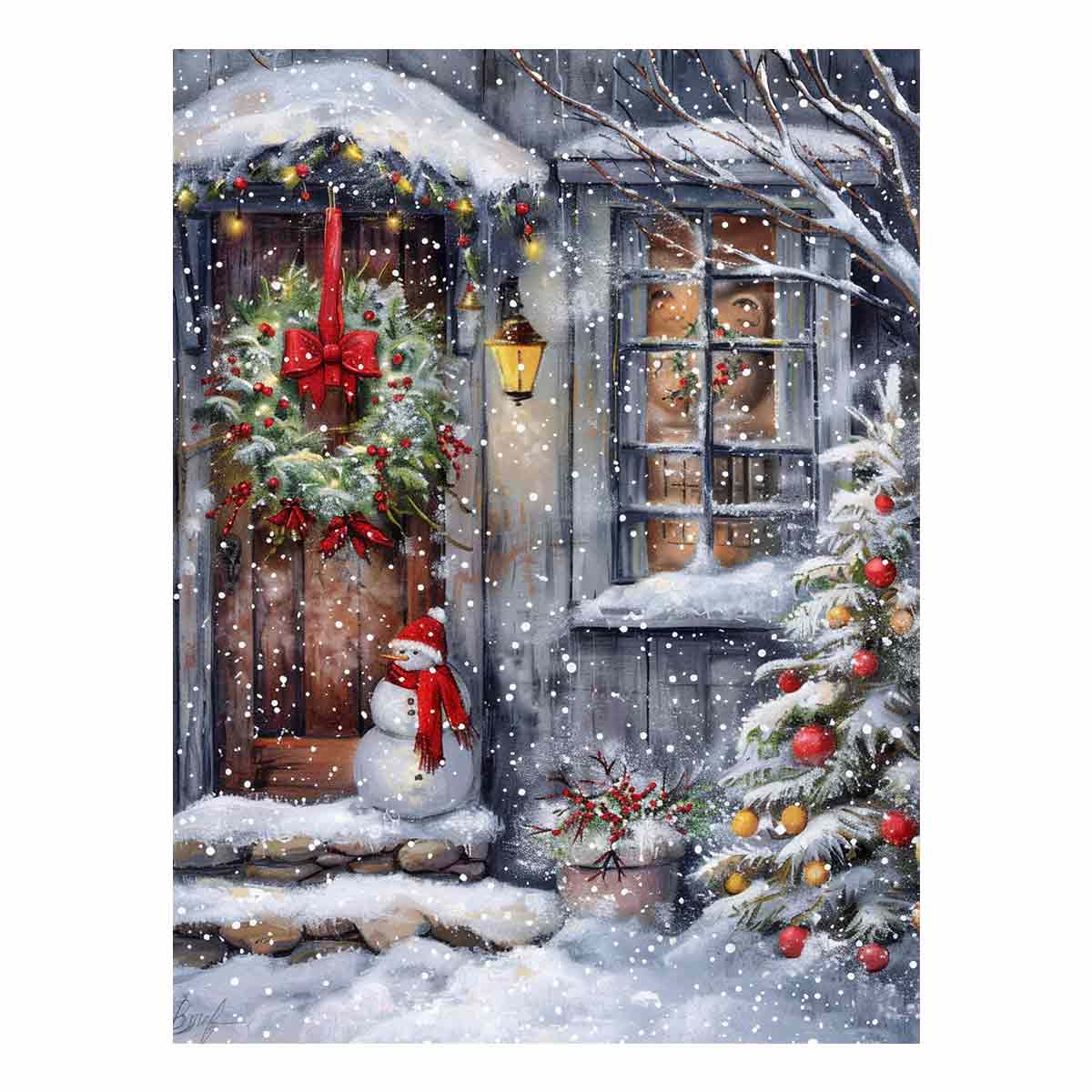 Snowy Christmas cottage doorway canvas art with wreath, snowman, and festive tree for cozy entry decor.