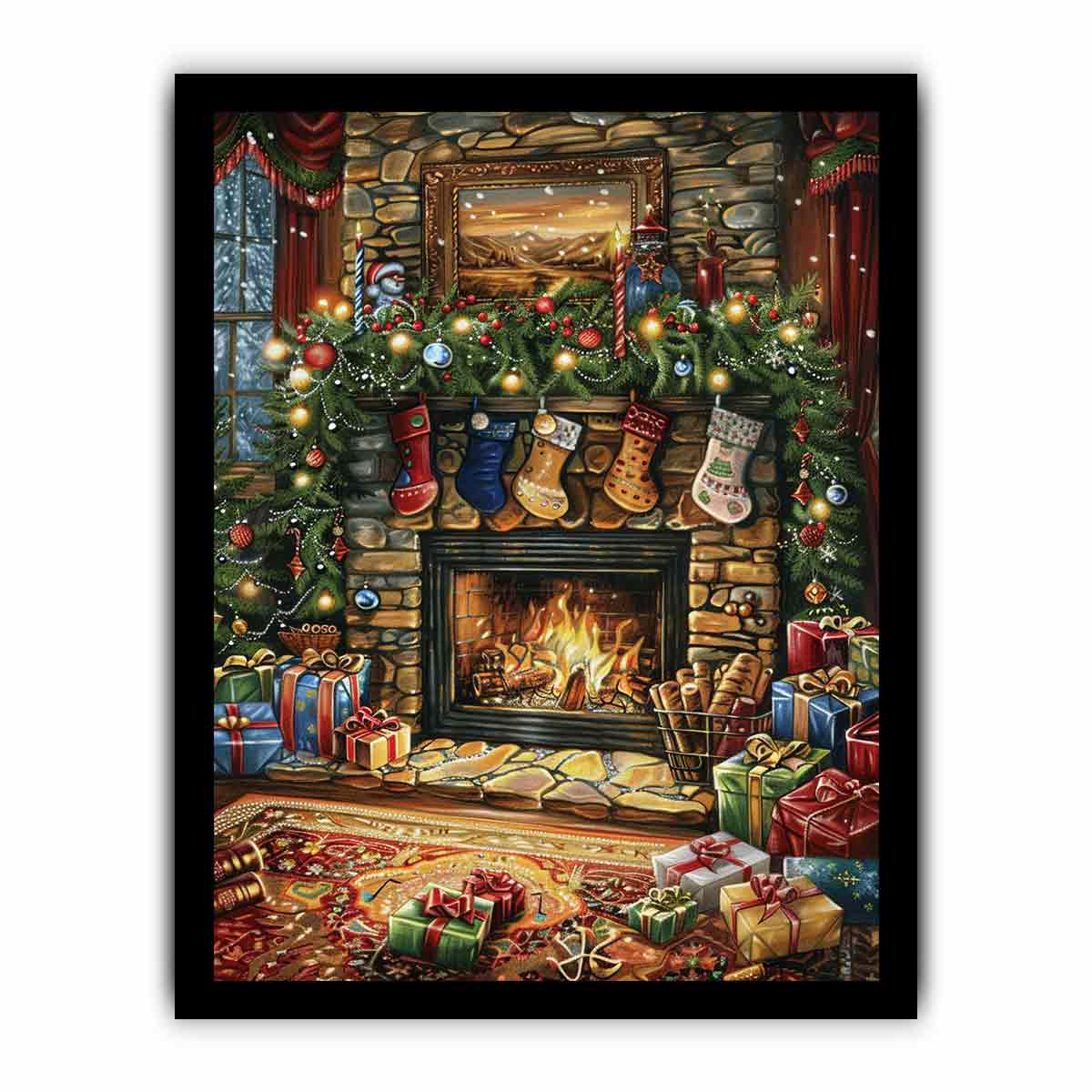 Traditional Christmas mantel canvas art with fireplace, stockings, garland, and gifts for festive decor.