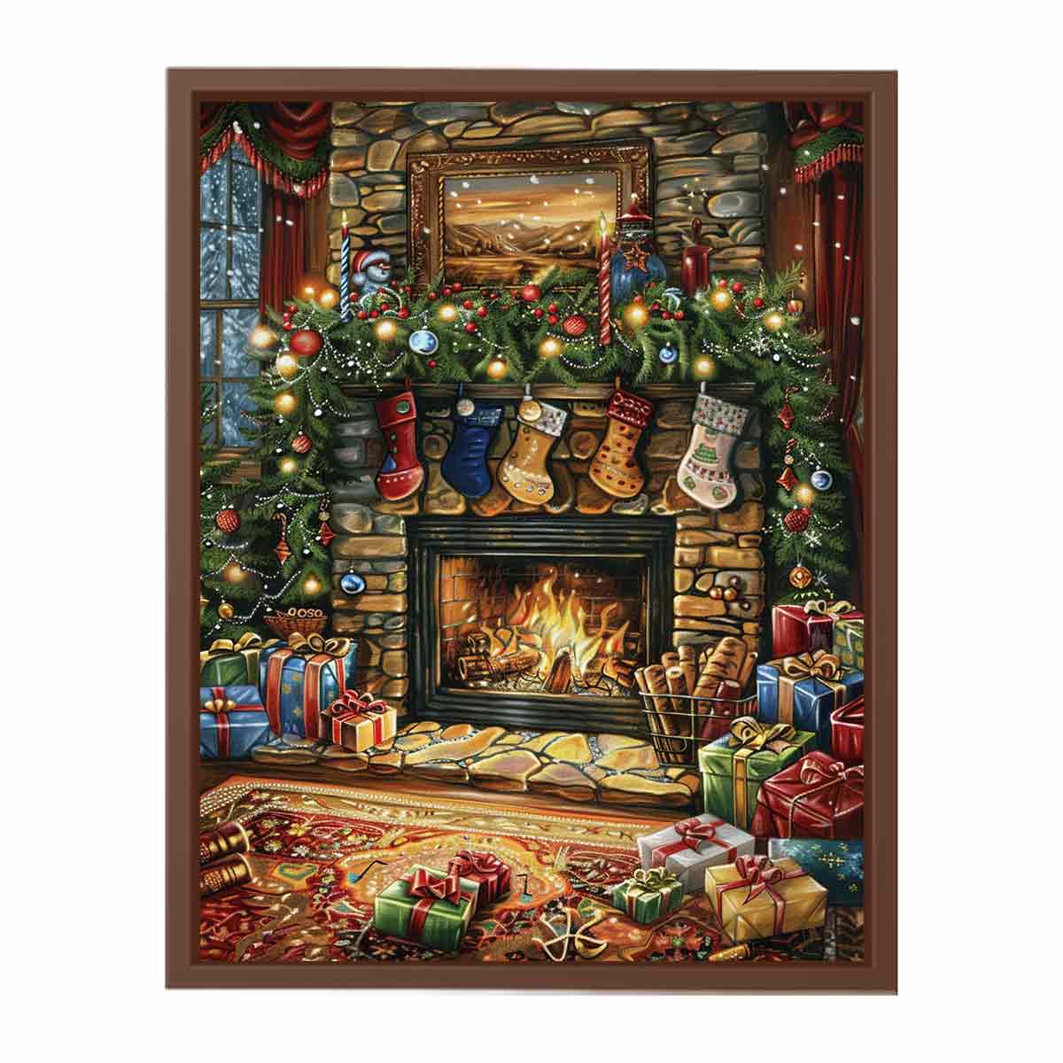 Traditional Christmas mantel canvas art with fireplace, stockings, garland, and gifts for festive decor.