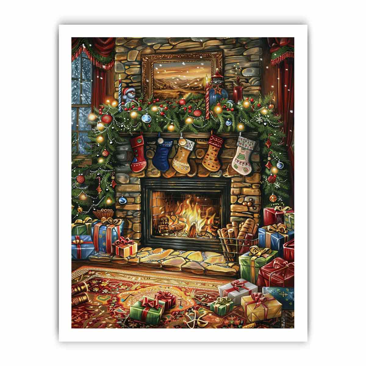 Traditional Christmas mantel canvas art with fireplace, stockings, garland, and gifts for festive decor.