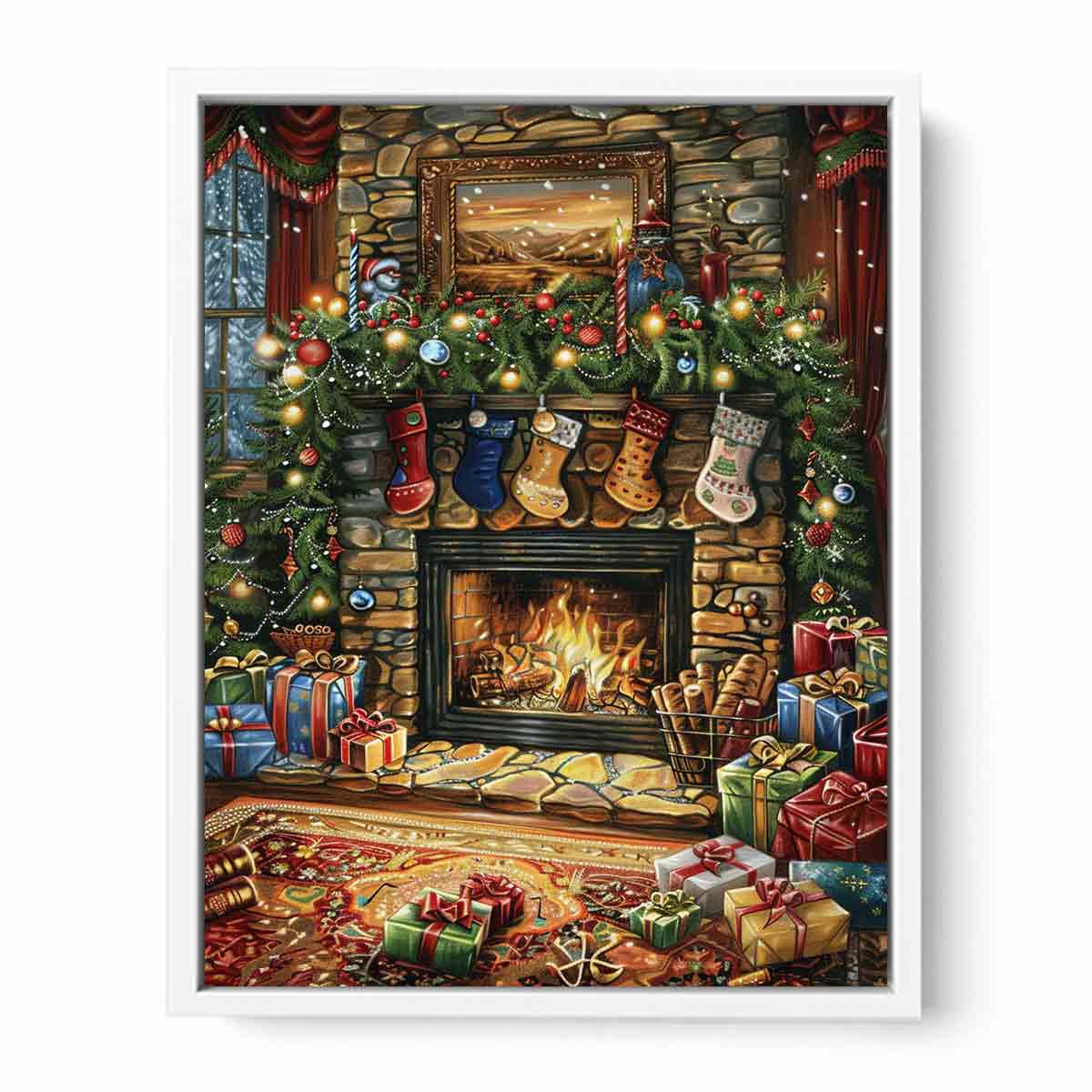 Traditional Christmas mantel canvas art with fireplace, stockings, garland, and gifts for festive decor.