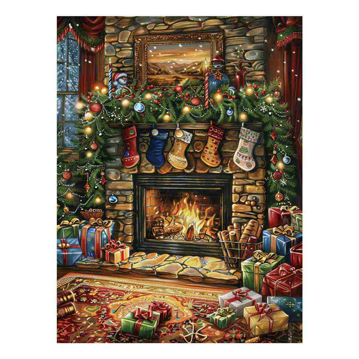 Traditional Christmas mantel canvas art with fireplace, stockings, garland, and gifts for festive decor.