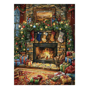 Traditional Christmas mantel canvas art with fireplace, stockings, garland, and gifts for festive decor.