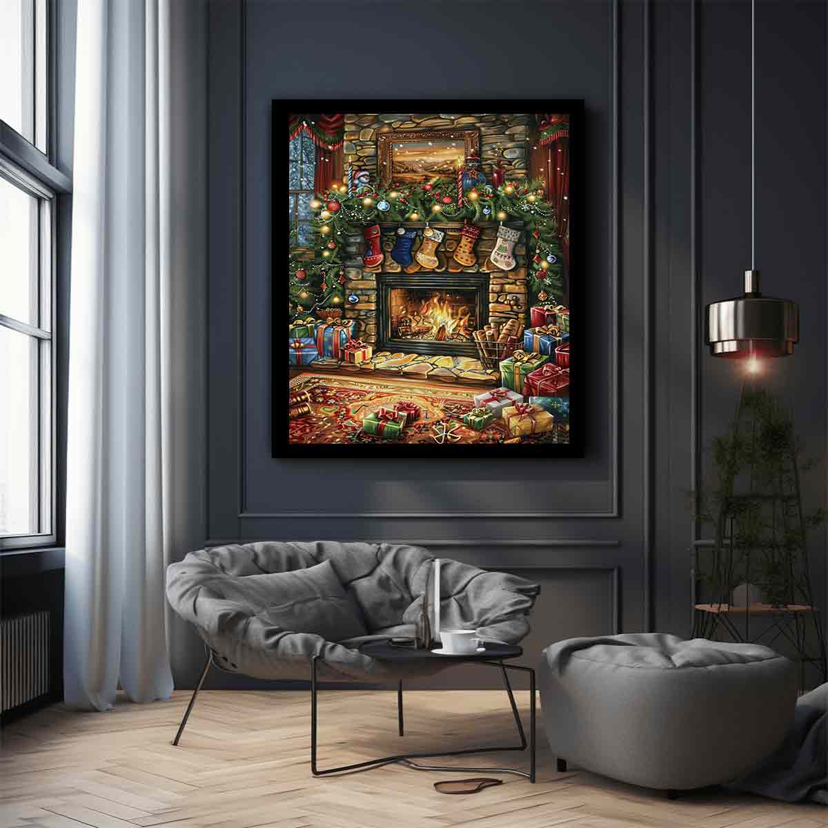 Traditional Christmas mantel canvas art with fireplace, stockings, garland, and gifts for festive decor.