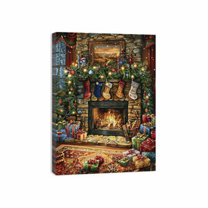 Traditional Christmas mantel canvas art with fireplace, stockings, garland, and gifts for festive decor.
