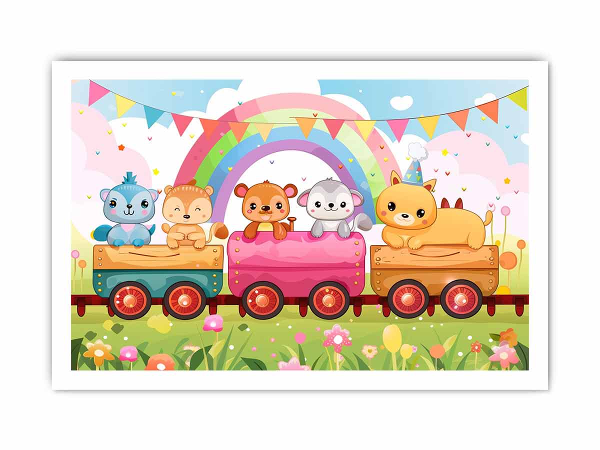 Rainbow animal train canvas art for nursery, playroom, or colorful kids bedroom decor.