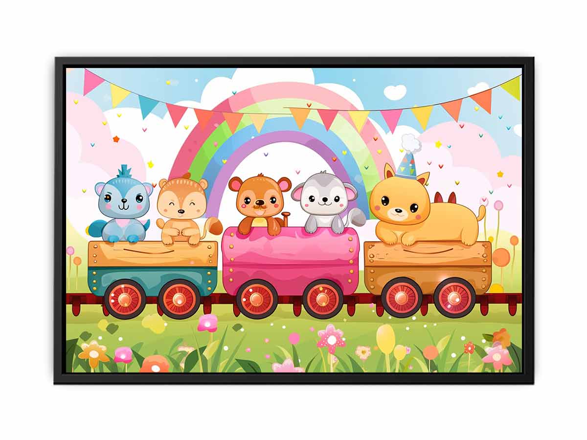 Rainbow animal train canvas art for nursery, playroom, or colorful kids bedroom decor.