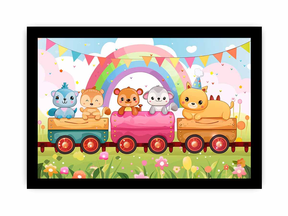Rainbow animal train canvas art for nursery, playroom, or colorful kids bedroom decor.