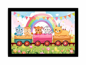 Rainbow animal train canvas art for nursery, playroom, or colorful kids bedroom decor.