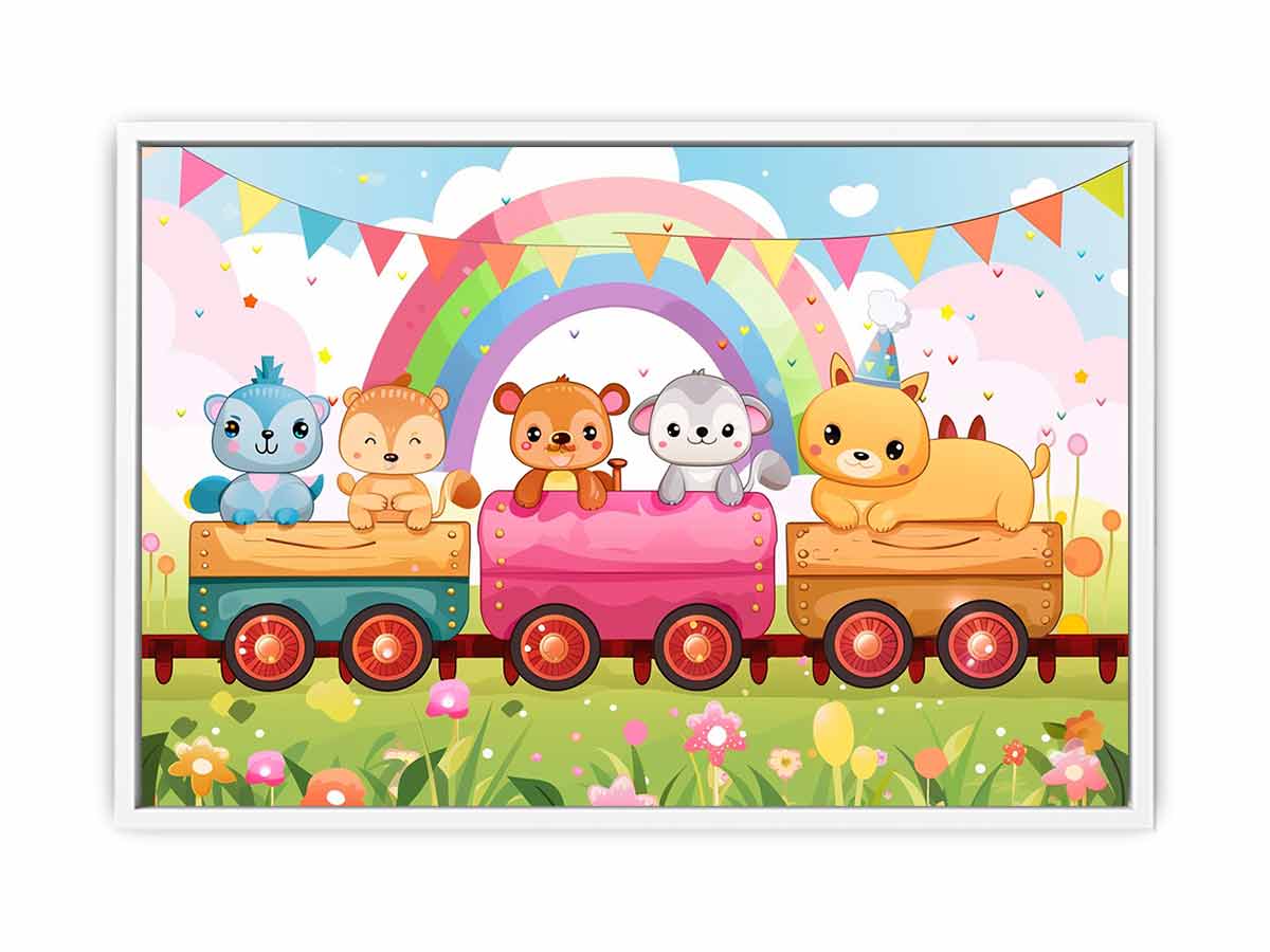 Rainbow animal train canvas art for nursery, playroom, or colorful kids bedroom decor.