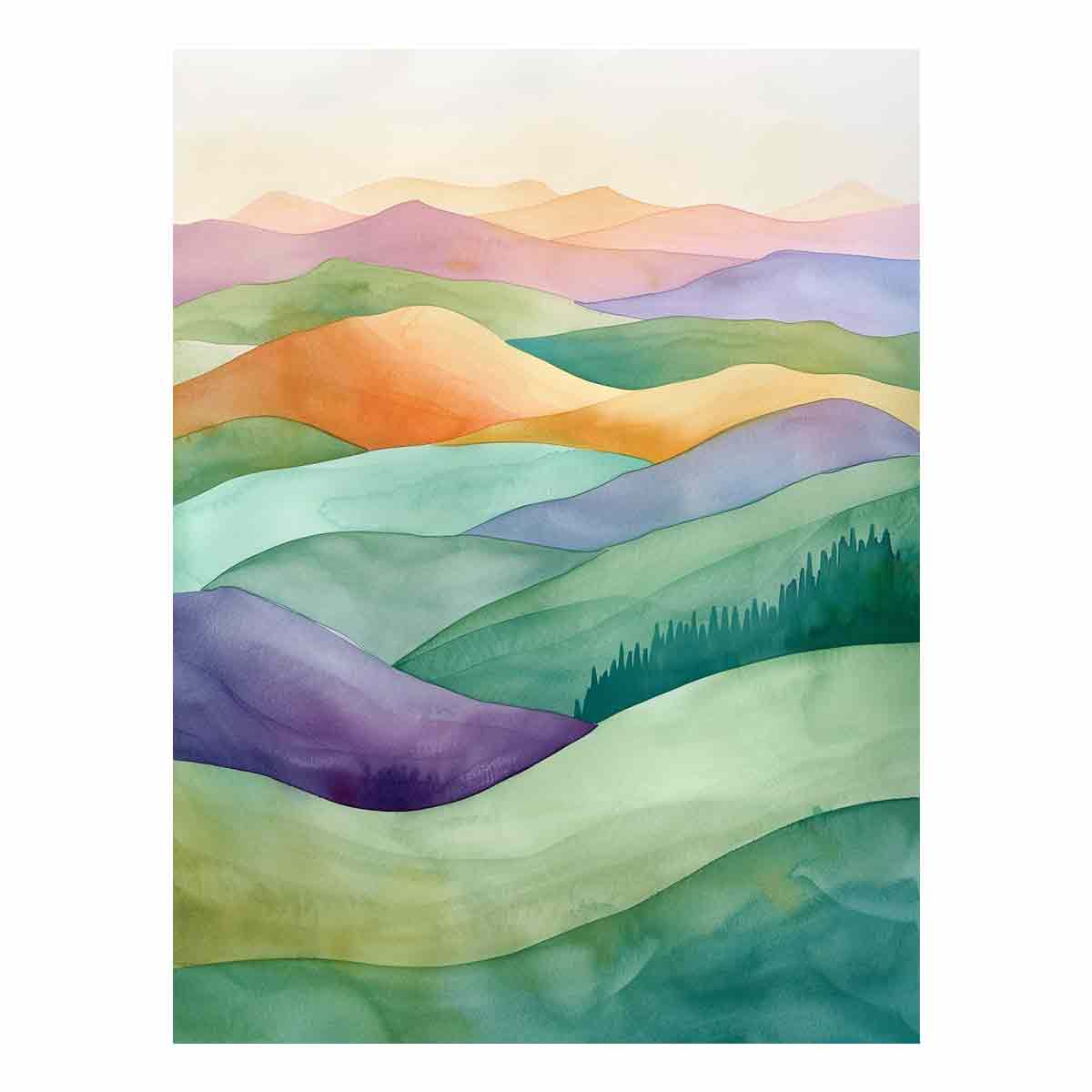 Pastel watercolor rolling hills canvas art for calm bedroom, living room, or office decor.