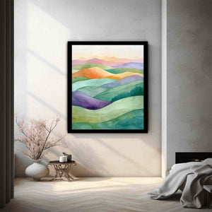 Pastel watercolor rolling hills canvas art for calm bedroom, living room, or office decor.