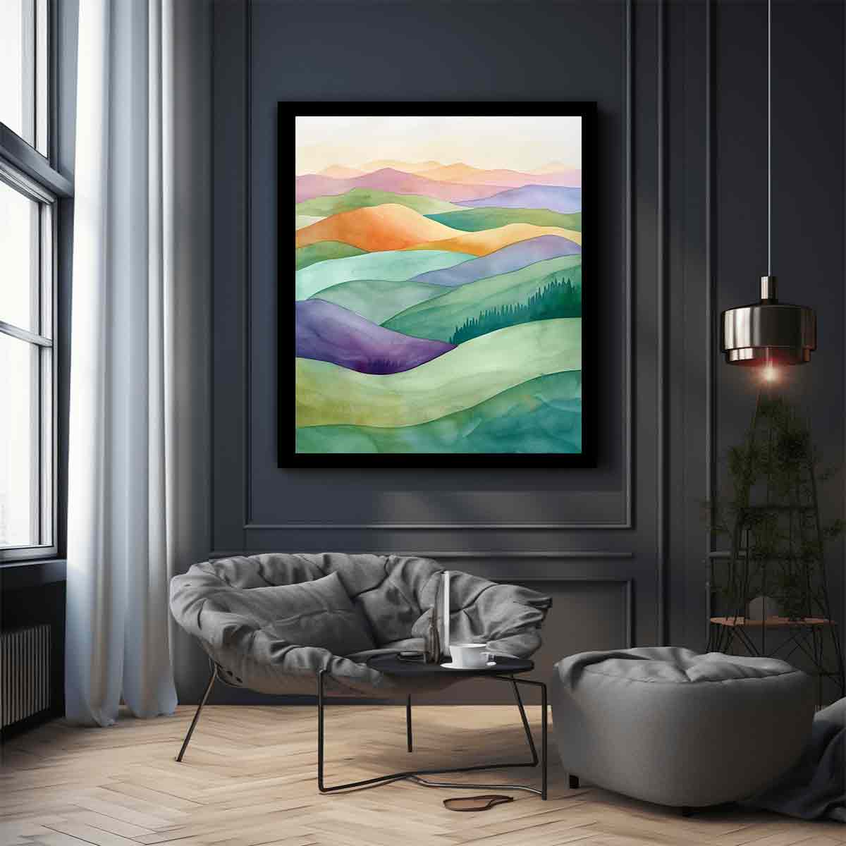 Pastel watercolor rolling hills canvas art for calm bedroom, living room, or office decor.