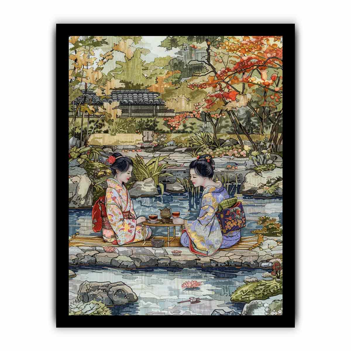 Two women in kimono sharing tea in a serene Japanese garden canvas for living room decor.