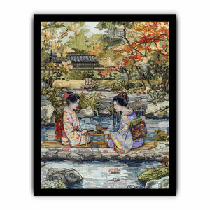 Two women in kimono sharing tea in a serene Japanese garden canvas for living room decor.