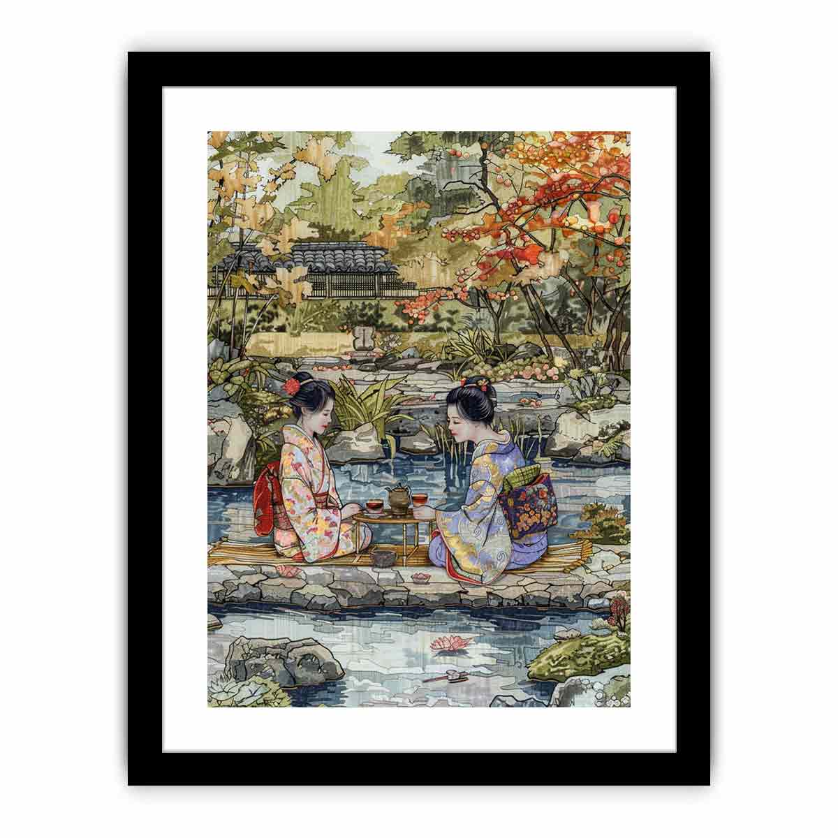 Two women in kimono sharing tea in a serene Japanese garden canvas for living room decor.