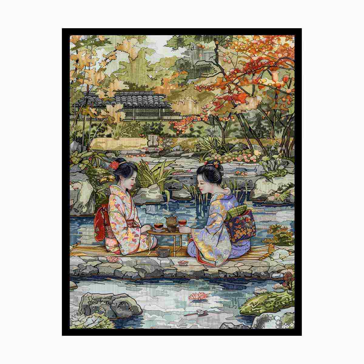 Two women in kimono sharing tea in a serene Japanese garden canvas for living room decor.