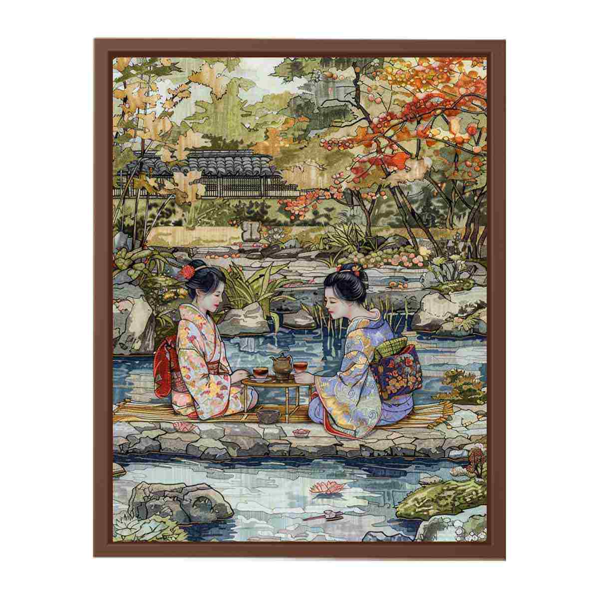 Two women in kimono sharing tea in a serene Japanese garden canvas for living room decor.