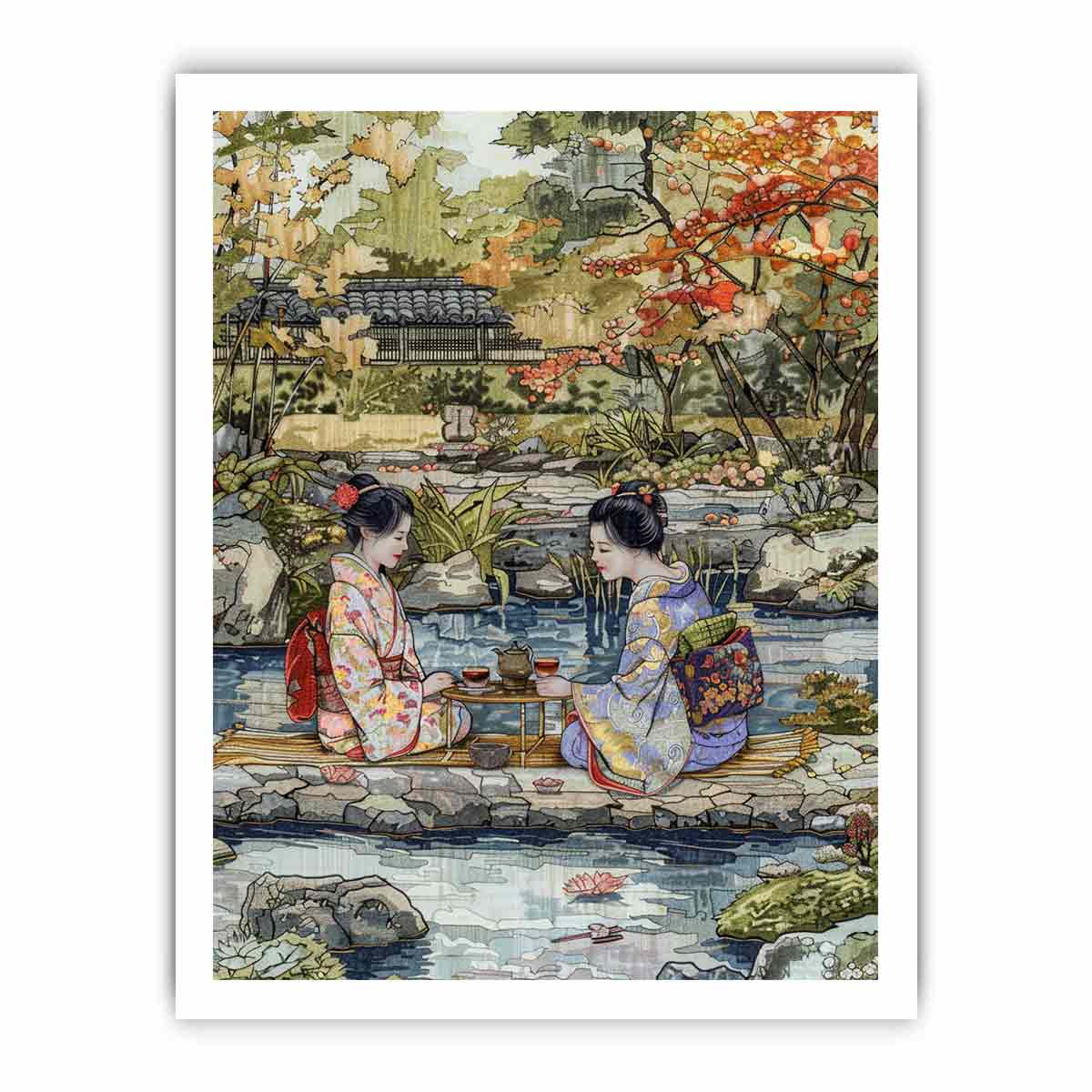 Two women in kimono sharing tea in a serene Japanese garden canvas for living room decor.