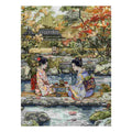 Two women in kimono sharing tea in a serene Japanese garden canvas for living room decor.