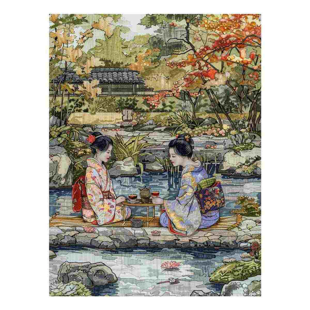Two women in kimono sharing tea in a serene Japanese garden canvas for living room decor.