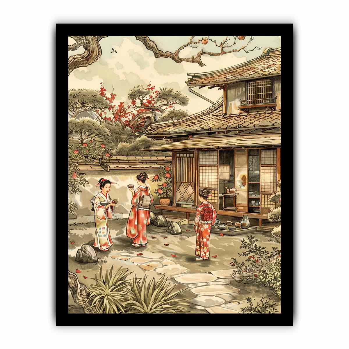 Traditional Japanese courtyard canvas art with kimono figures and blossoms for elegant home decor.