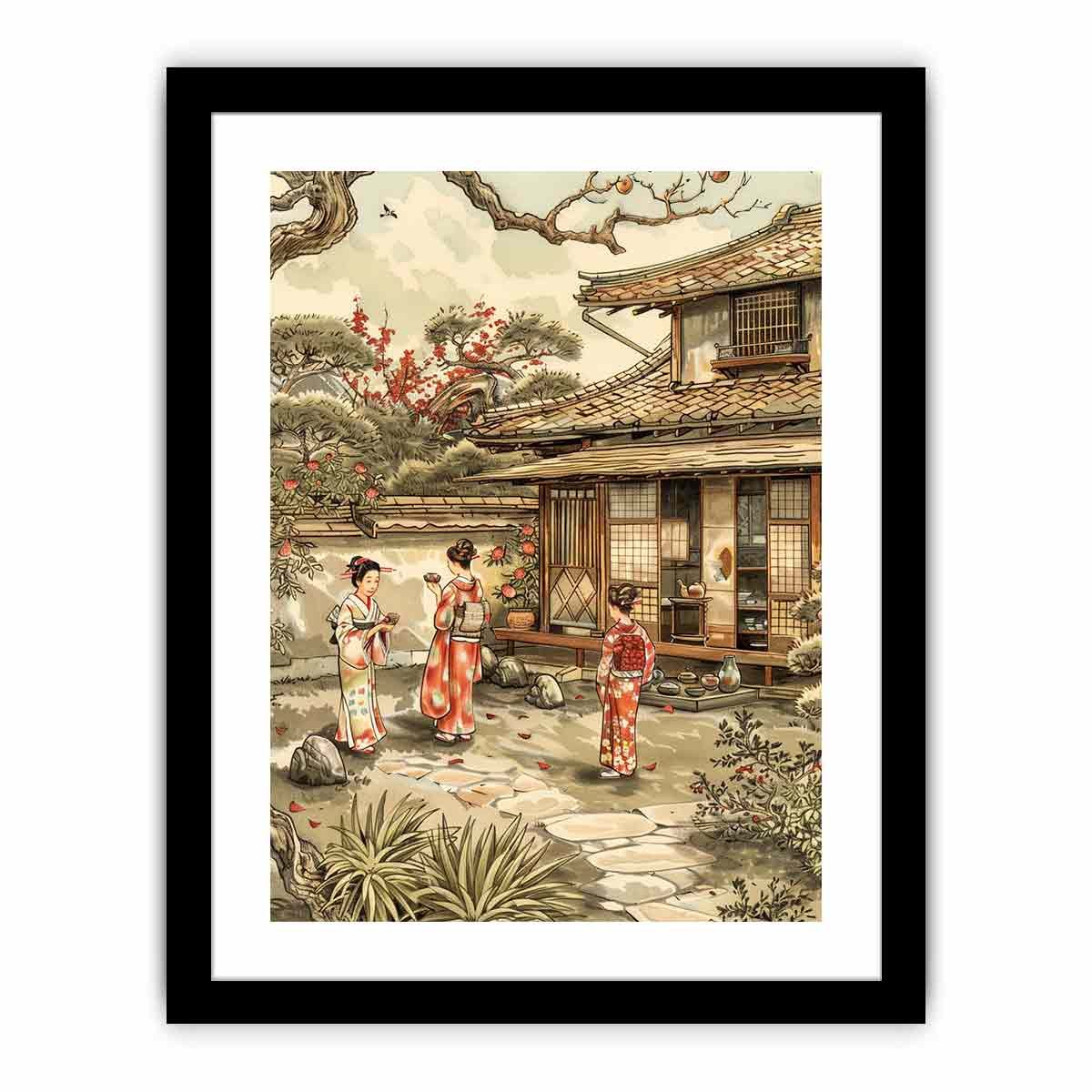 Traditional Japanese courtyard canvas art with kimono figures and blossoms for elegant home decor.