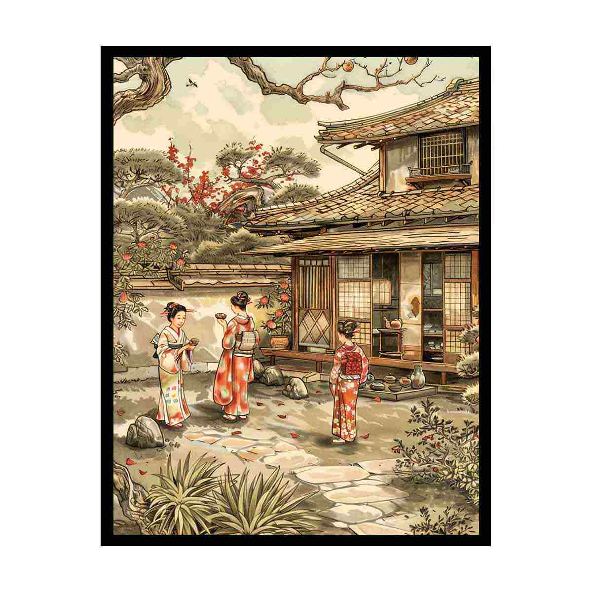 Traditional Japanese courtyard canvas art with kimono figures and blossoms for elegant home decor.