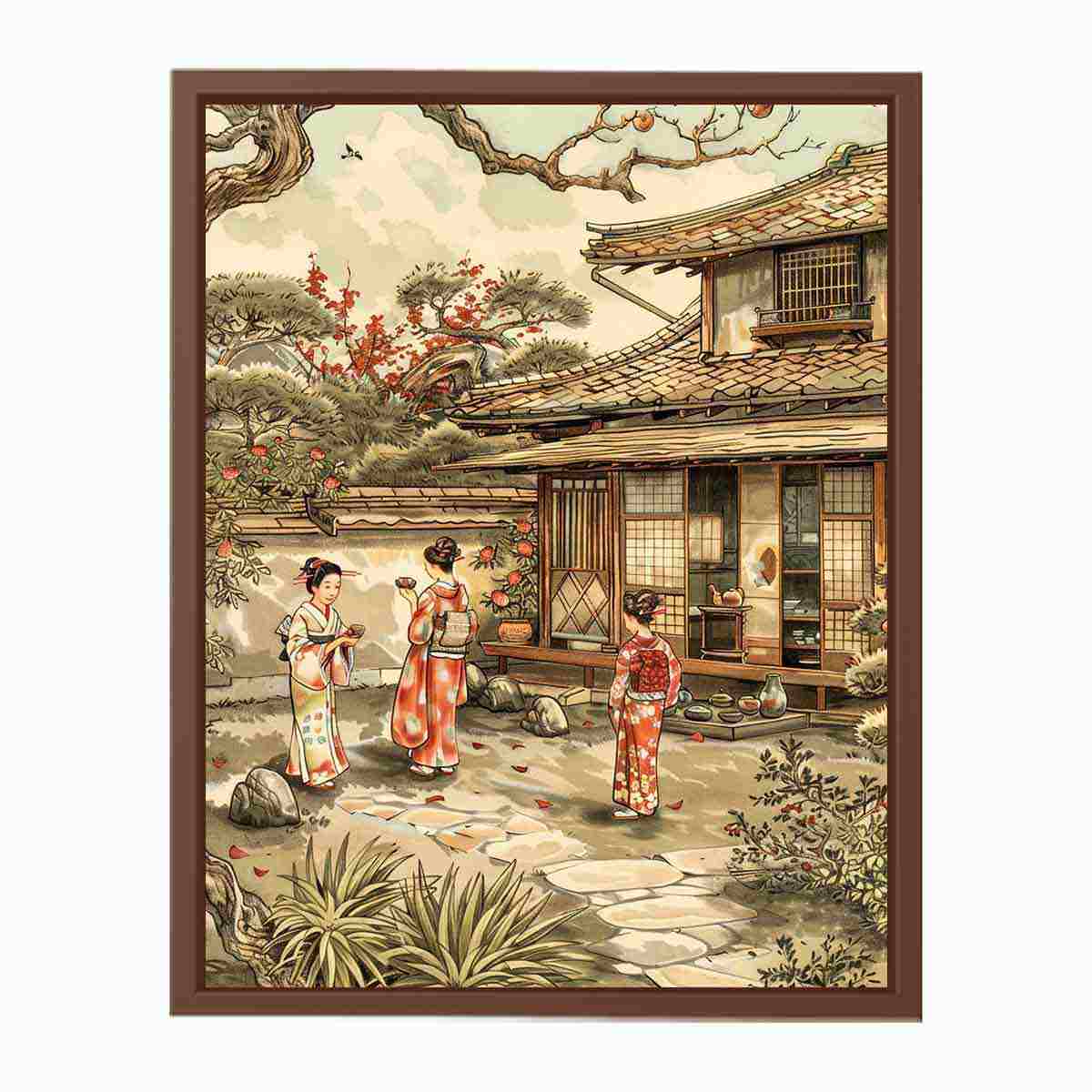 Traditional Japanese courtyard canvas art with kimono figures and blossoms for elegant home decor.