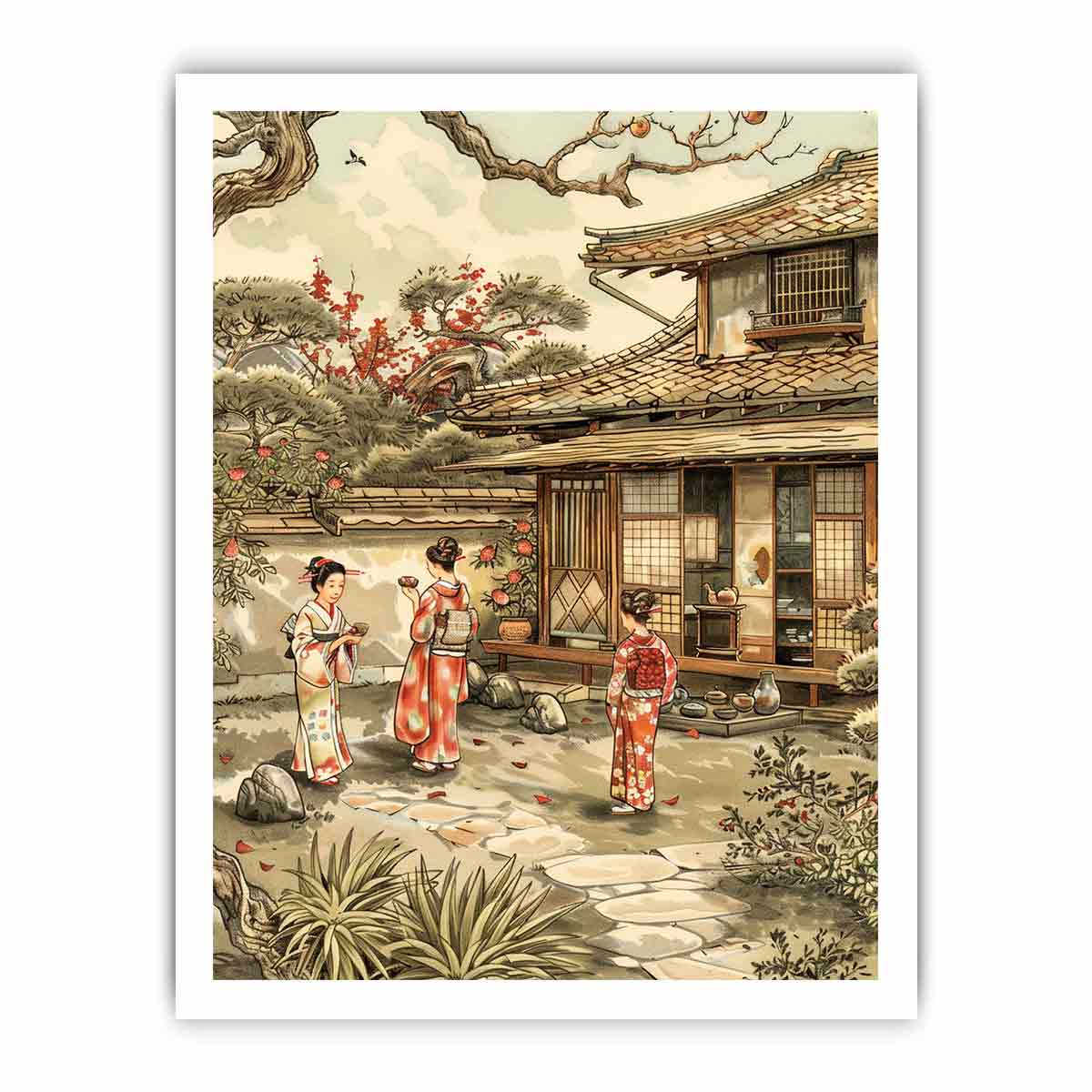 Traditional Japanese courtyard canvas art with kimono figures and blossoms for elegant home decor.